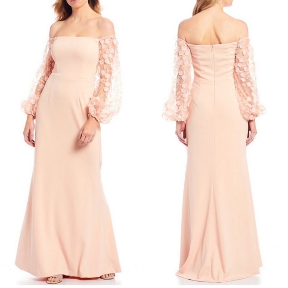 ELIZA J OFF SHOULDER GOWN WITH FLORAL SLEEVES